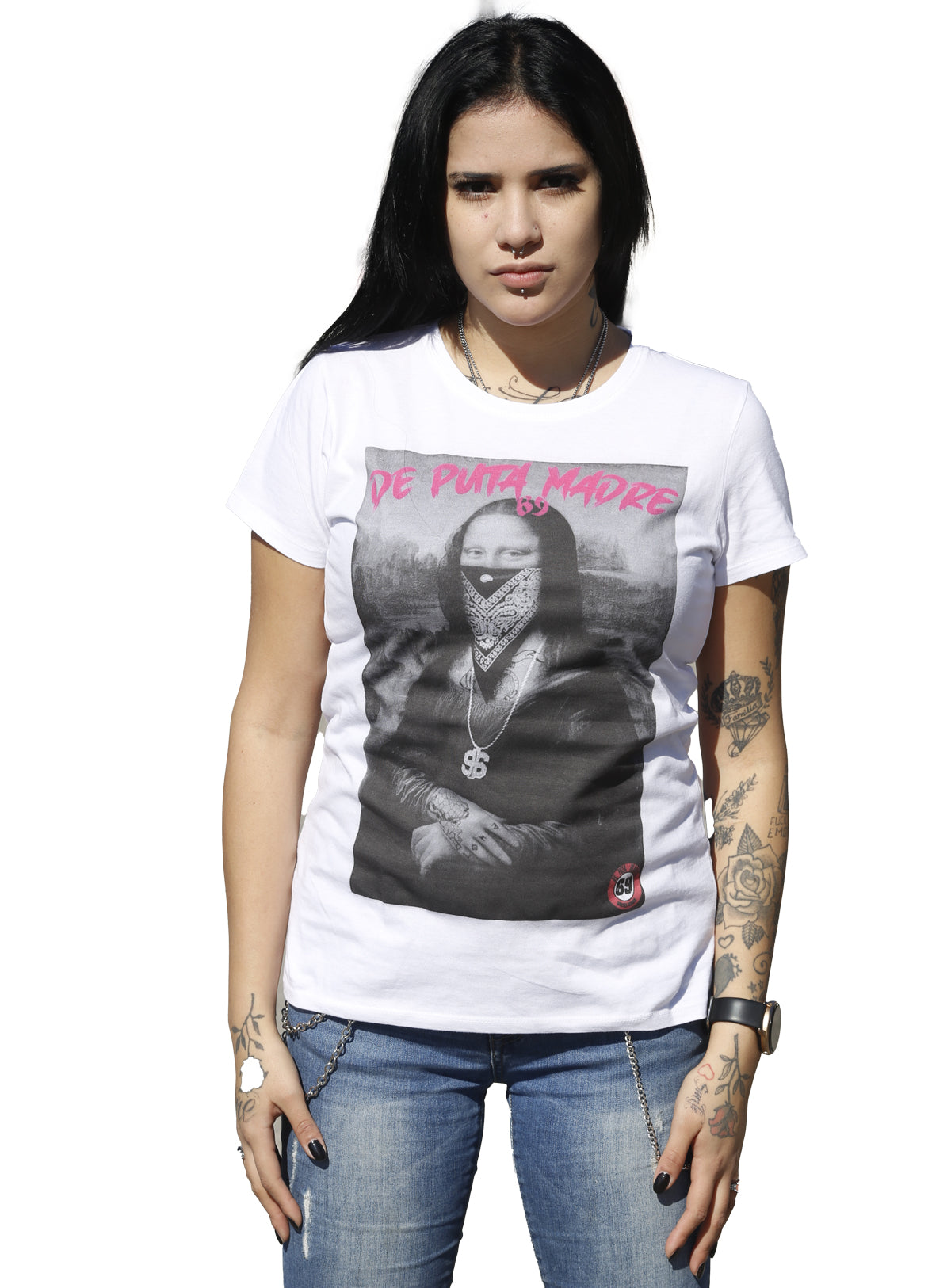DPM69 T-shirt da donna disegno fatto a mano in italia mona lisa gangster