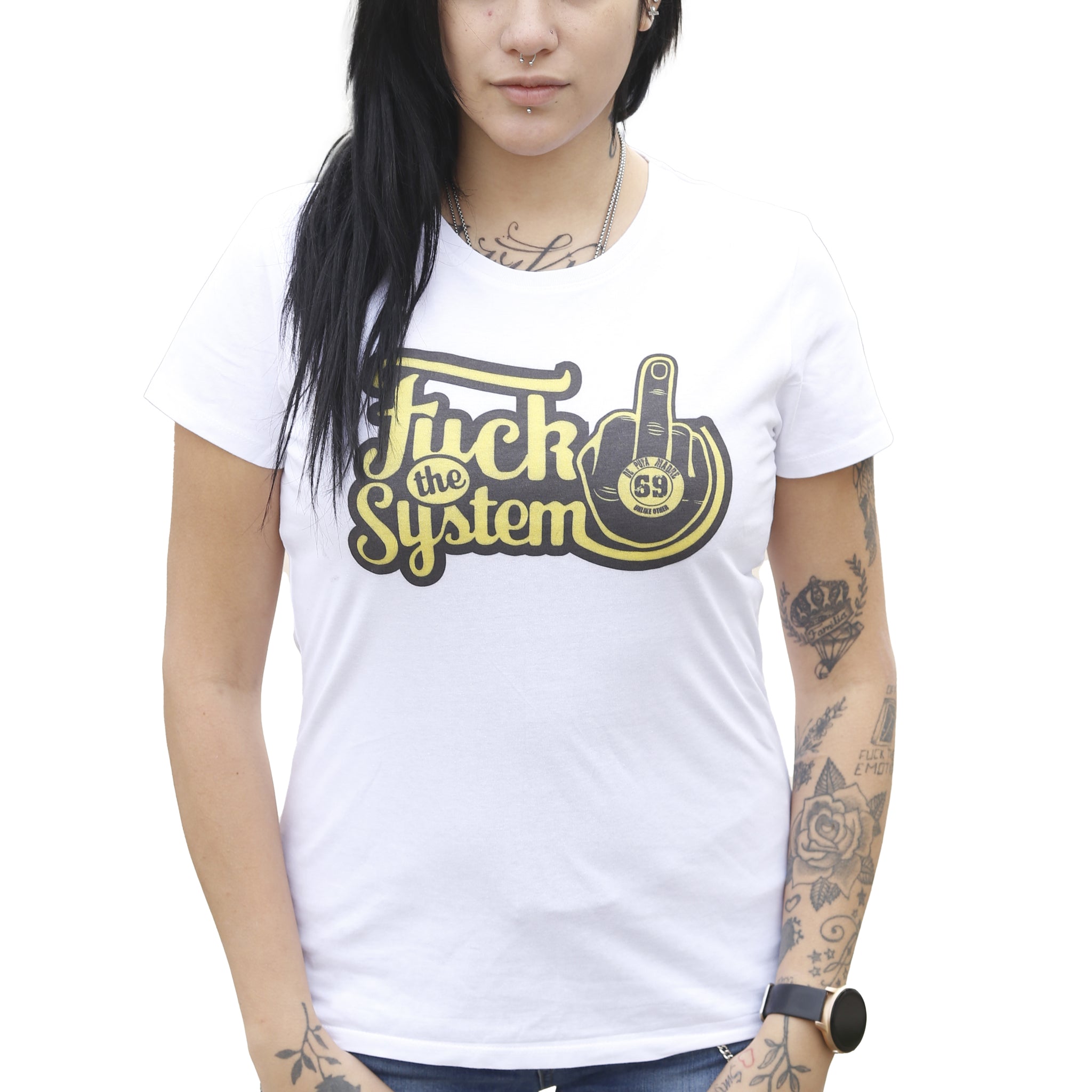 DPM69 T-shirt da donna disegno fatto a mano in italia    f*ck the system