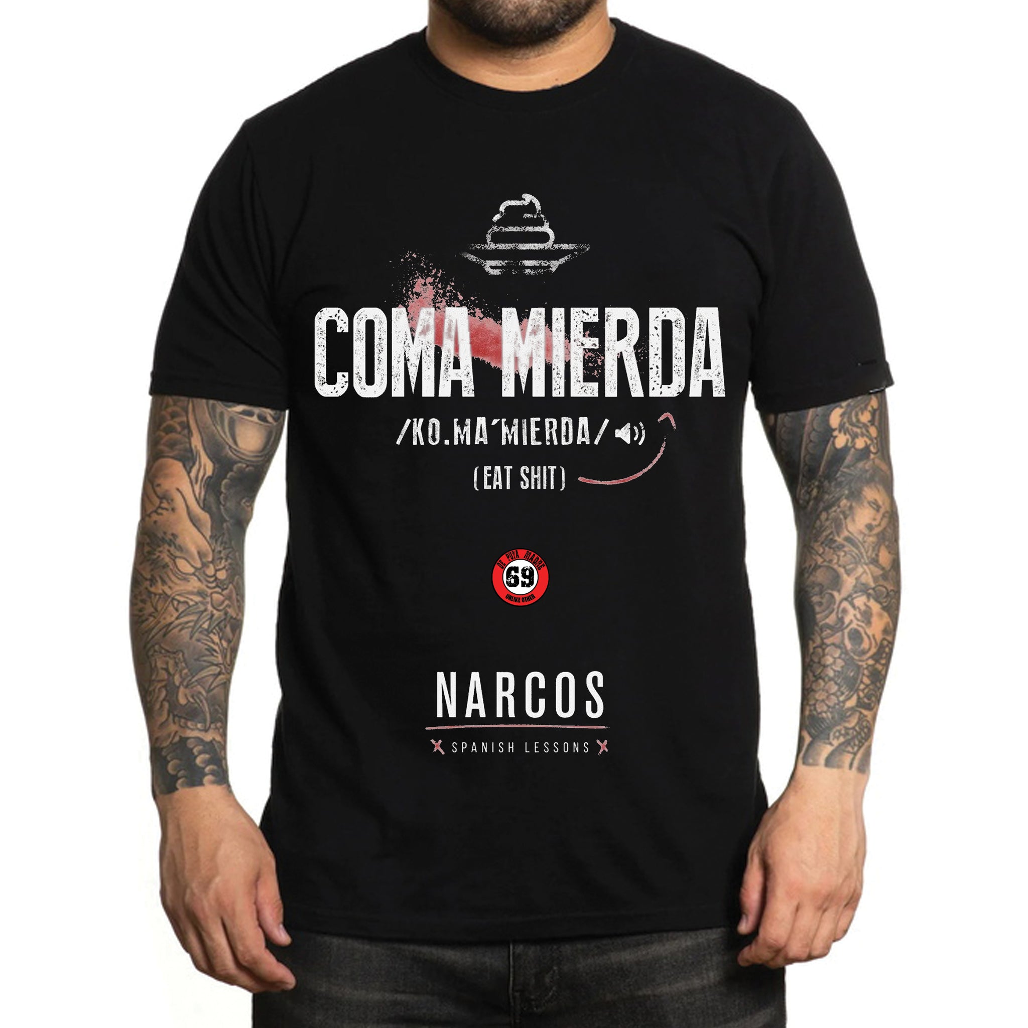DPM69 T-shirt da uomo Design fatto a mano Como M**erda Narcos creme