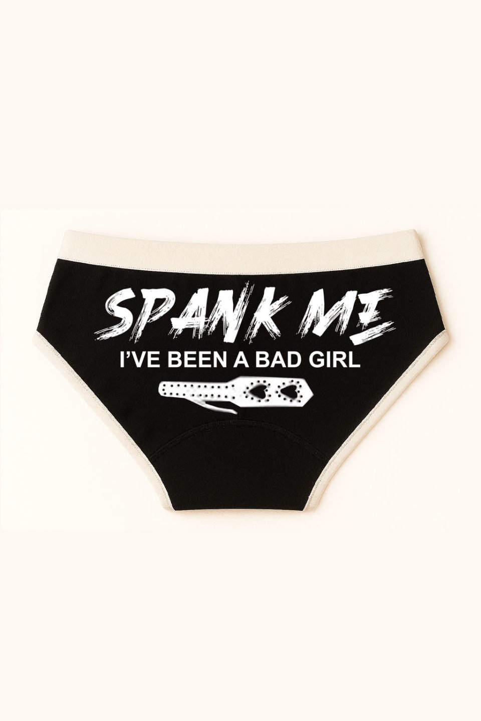 a black underwear with white text
