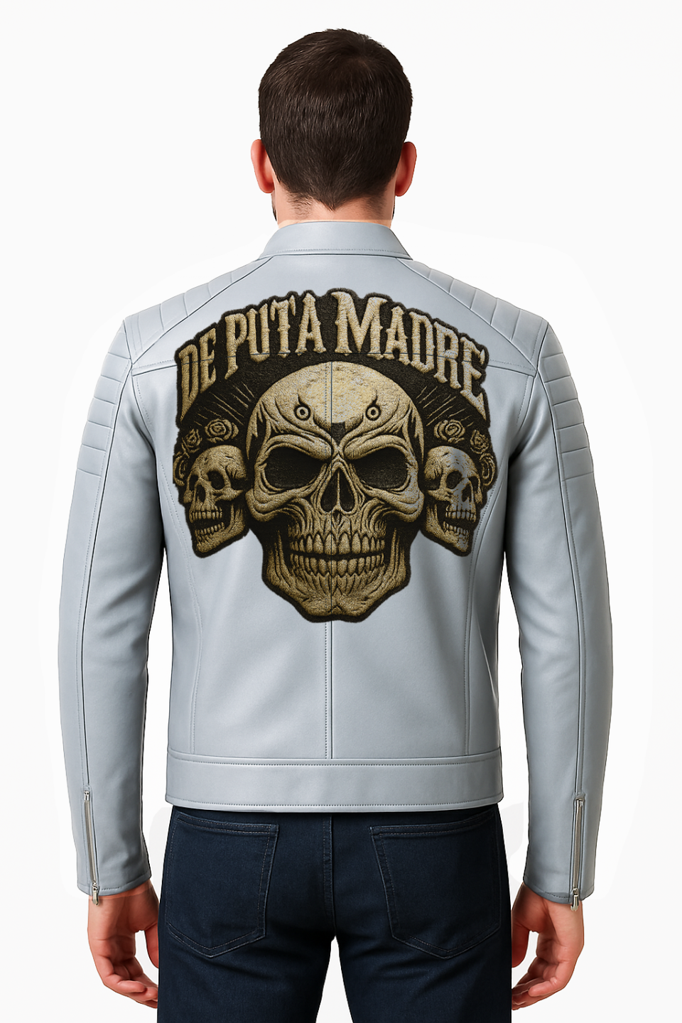 a man wearing a leather jacket with a skull on it