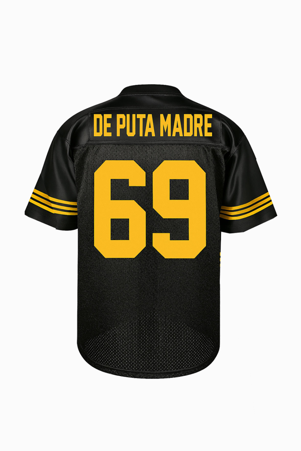 a black and yellow jersey with yellow text