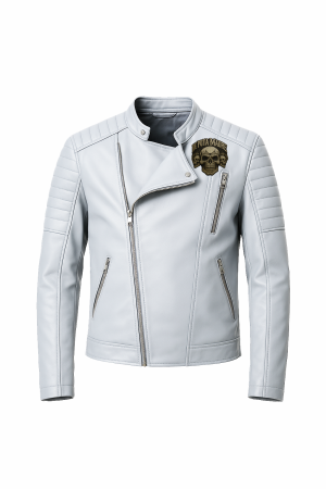A White Leather Jacket With A Skull Patch On It